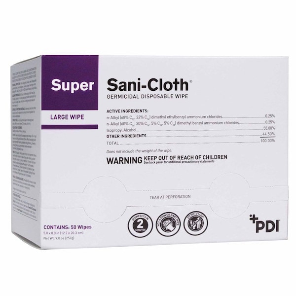 Super Sani-Cloth Surface Disinfectant Cleaner, Premoistened Germicidal, Pull, 50 Wipes, Individual Packet, 500PK H04082 - main